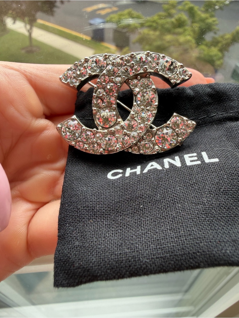 CHANEL Silver CC Crystal Pave Brooch